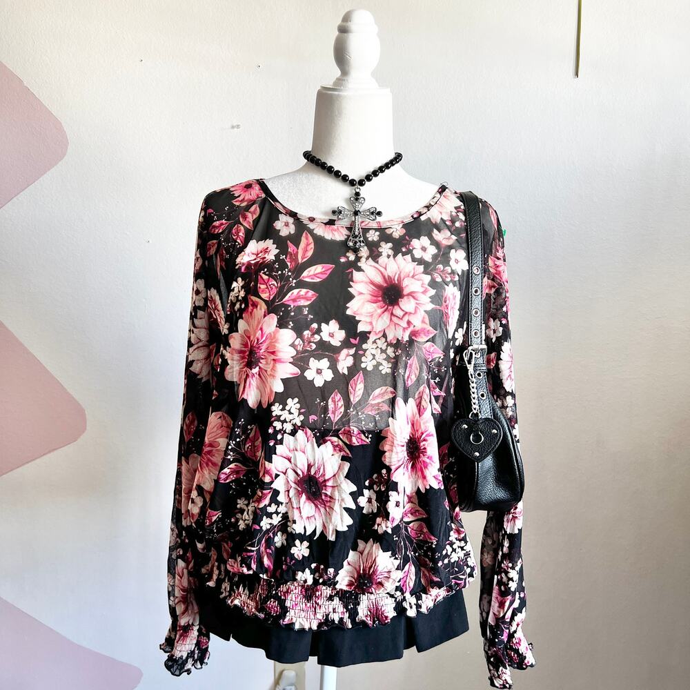 Black Floral Mesh Top, Coquette, Fairy Grunge, Y2K Inspired, 2X, Boho, Romantic